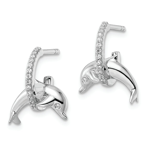 Sterling Silver Rhodium-plated CZ Dolphin Post Earrings