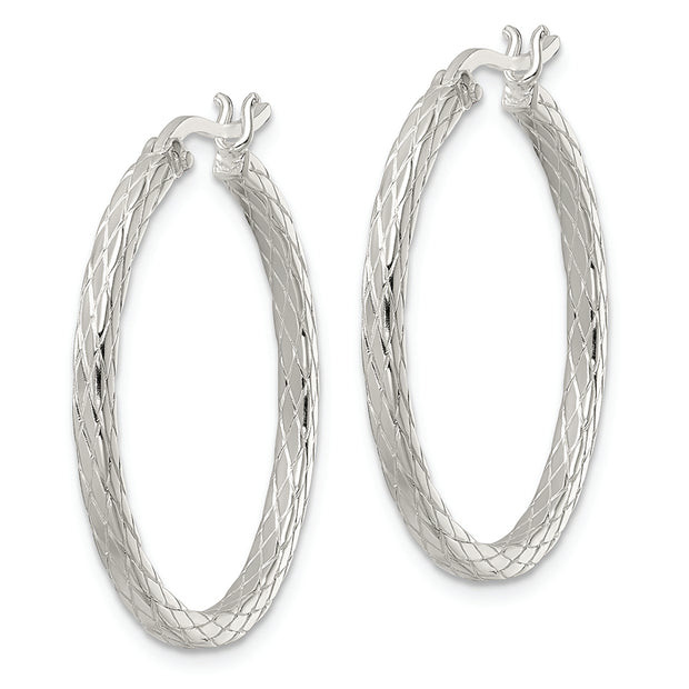 Sterling Silver Rhodium-plated Diamond Pattern Hoop Earrings