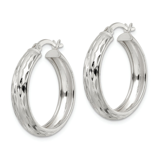 Sterling Silver Polished Diamond-cut 5x25mm Hoop Earrings