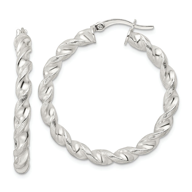 Sterling Silver Polished and Textured Twisted Circle Hoop Earrings