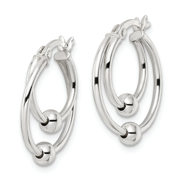 Sterling Silver Polished Double Circle Beaded Hoop Earrings