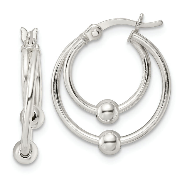 Sterling Silver Polished Double Circle Beaded Hoop Earrings