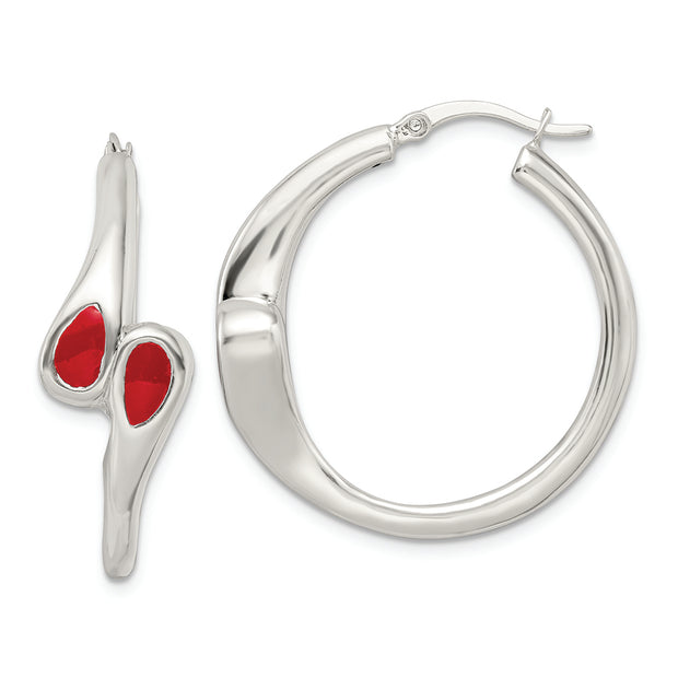 Sterling Silver Polished Red Enameled ByPass Circle Hoop Earrings