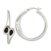 Sterling Silver Polished Black Enamel Hearts Circle Hoop Earrings