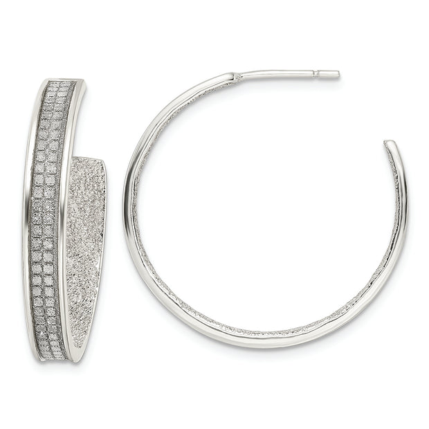 Sterling Silver 4.5x30mm Fabric Glitter Hoop Post Earrings