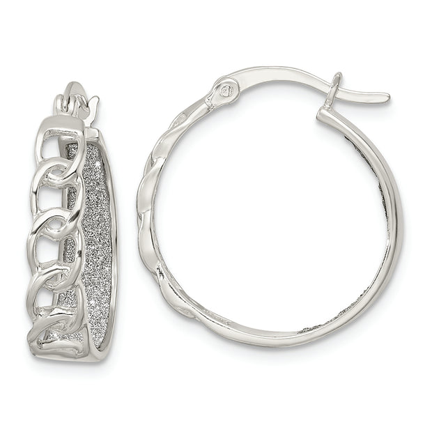 Sterling Silver Polished Fabric Glitter Hoop & Links Round Hoop Earrings