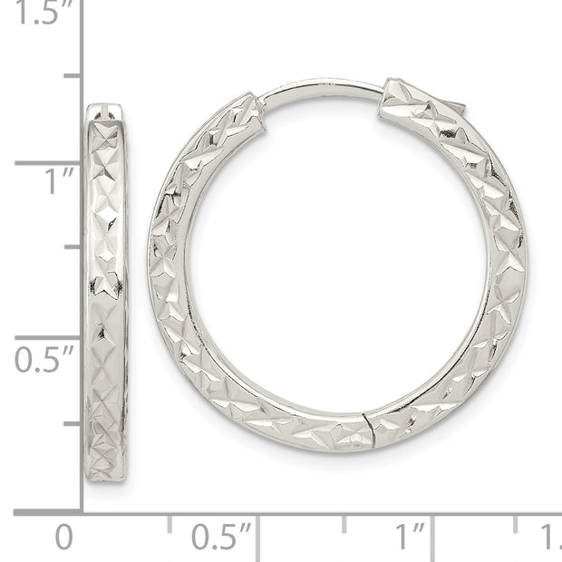 Sterling Silver Polished D/C Square Tube Locking Hoop Earrings