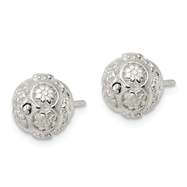 Sterling Silver Polished Floral Ball Post Earrings