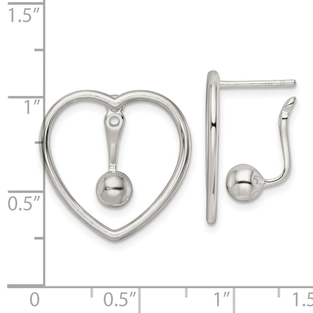 Sterling Silver Polished Heart w/Drop and Dangle Ball Threader Post Earring