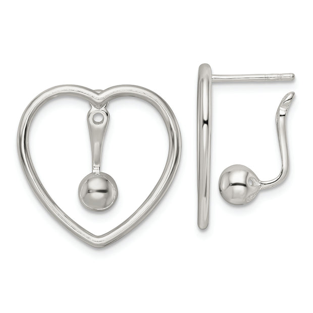 Sterling Silver Polished Heart w/Drop and Dangle Ball Threader Post Earring