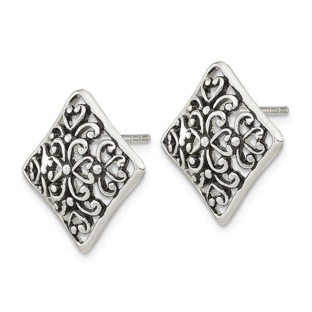 Sterling Silver Antiqued Square Filigree Post Earrings