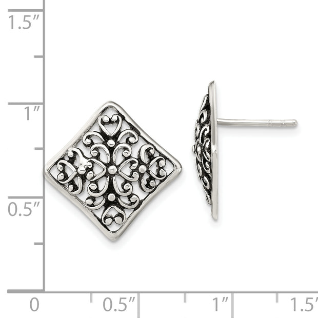Sterling Silver Antiqued Square Filigree Post Earrings