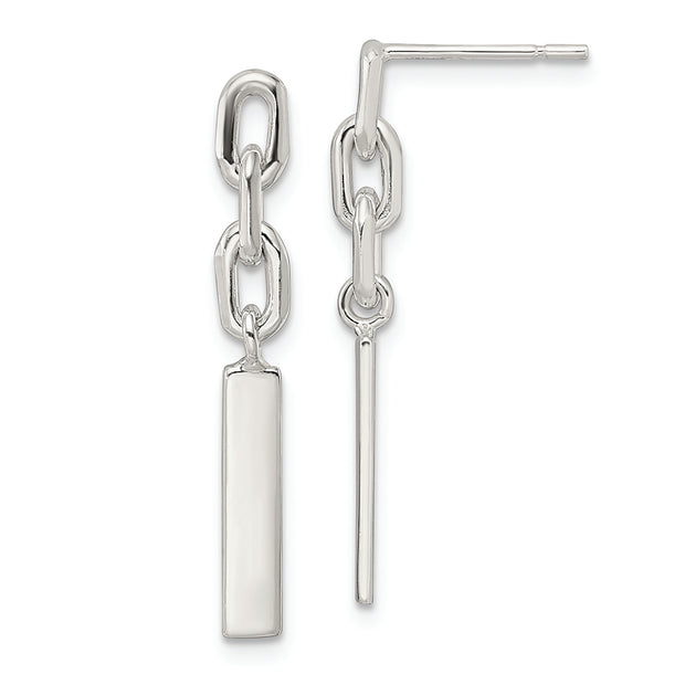 Sterling Silver Polished Bar & Chain Link Post Dangle Earrings