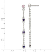 Sterling Silver Chain w/Pink and Purple Bezel CZs Dangle Post Earrings