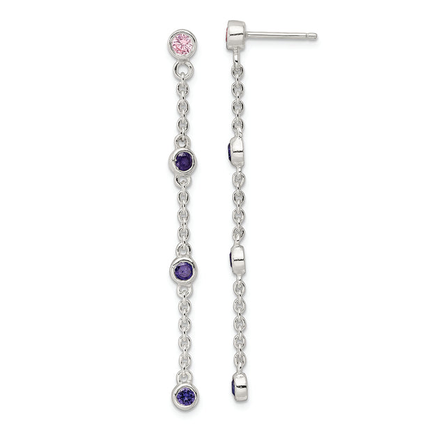 Sterling Silver Chain w/Pink and Purple Bezel CZs Dangle Post Earrings