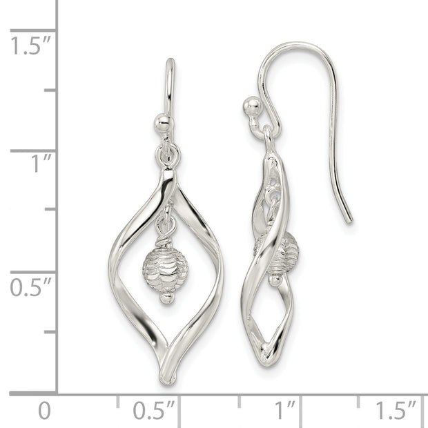 Sterling Silver Polished & Diamond-cut Twist w/Ball Center Dangle Earrings