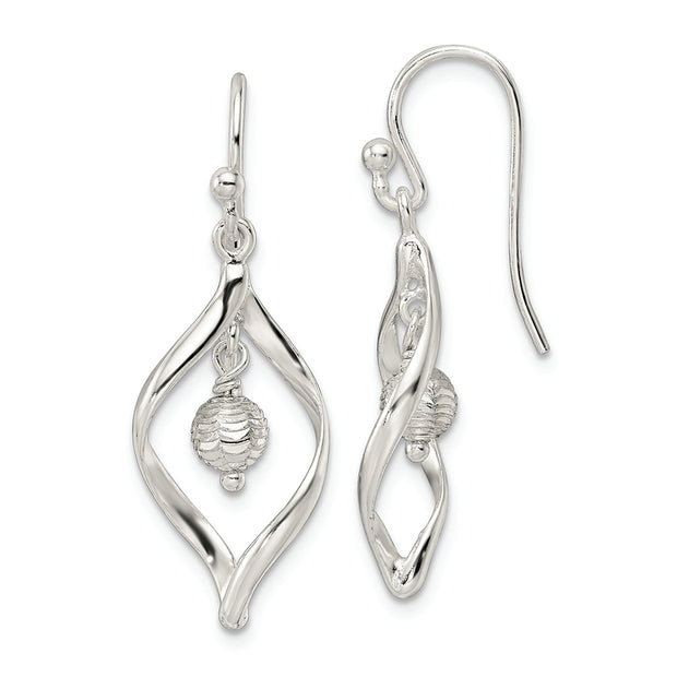 Sterling Silver Polished & Diamond-cut Twist w/Ball Center Dangle Earrings