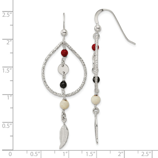 Sterling Silver Diamond-cut Red Black & Ivory Coral Feather Dangle Earrings