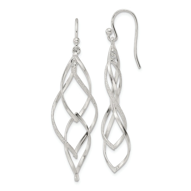 Sterling Silver Polished & Lasered Texture Twisted Dangle Hook Earrings