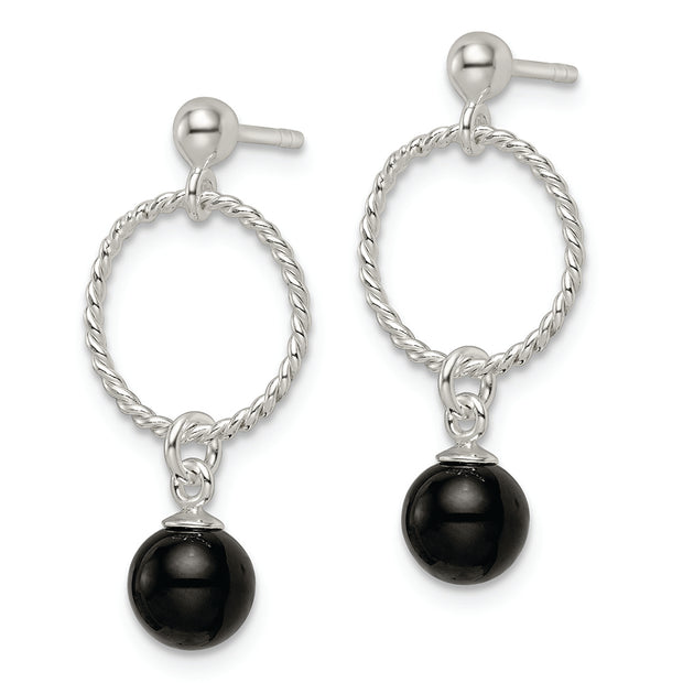 Sterling Silver Polished Onyx in Circle Dangle Post Earrings