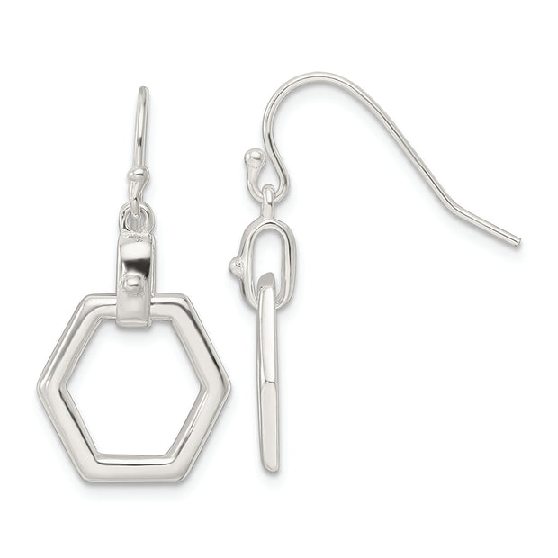 Sterling Silver Polished Hexagon Dangle Shepherd Hook Earrings