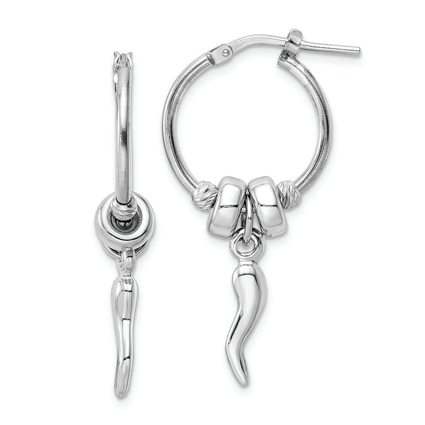Sterling Silver Rhodium-plated D/C Bead Italian Horn Dangle Hoop Earrings