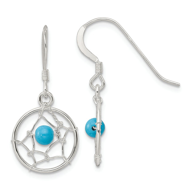 Sterling Silver Polished Turquoise Bead Dream Catcher Dangle Earrings