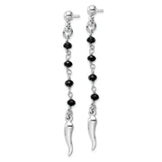 Sterling Silver Rhodium-plated Black Glass Beads Italian Horn Dangle Earrin