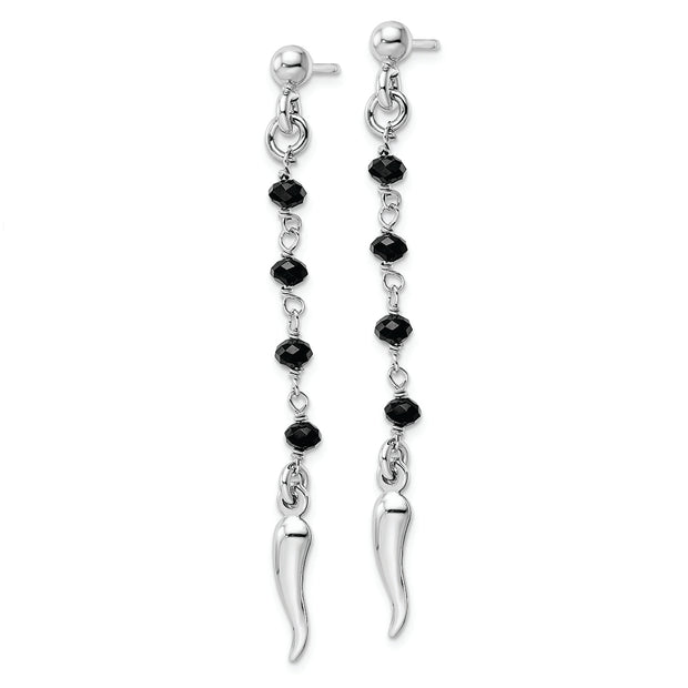 Sterling Silver Rhodium-plated Black Glass Beads Italian Horn Dangle Earrin