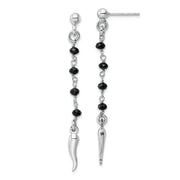 Sterling Silver Rhodium-plated Black Glass Beads Italian Horn Dangle Earrin