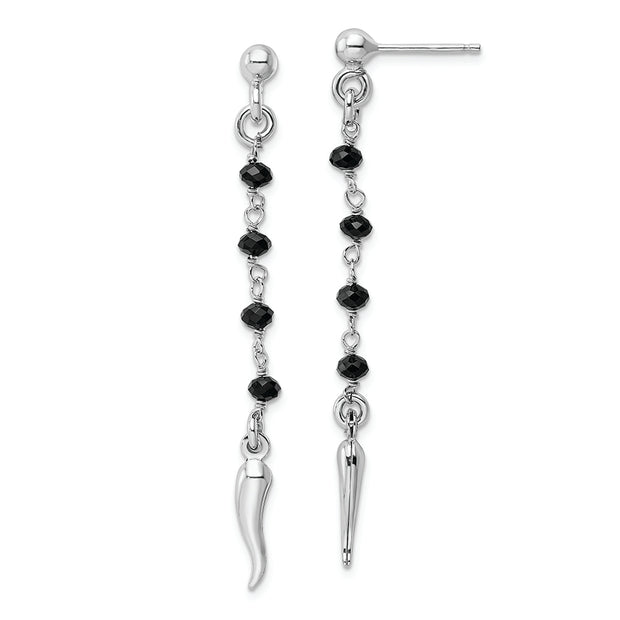 Sterling Silver Rhodium-plated Black Glass Beads Italian Horn Dangle Earrin