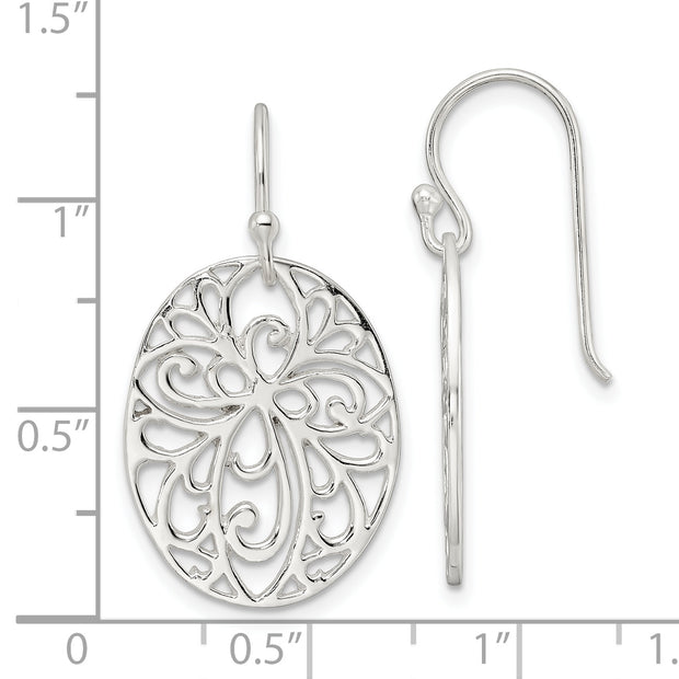 Sterling Silver Polished Cross Design Oval Dangle Earrings