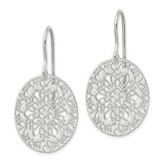 Sterling Silver Polished Floral Oval Dangle Earrings