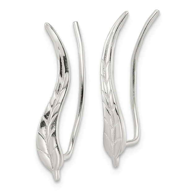 Sterling Silver Polished & Textured Wavy Leaf Dangle Earrings