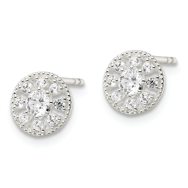 Sterling Silver Polished & Textured CZ Circle Post Earrings