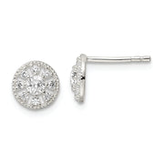 Sterling Silver Polished & Textured CZ Circle Post Earrings