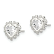 Sterling Silver Polished & Beaded Edge Heart CZ Post Earrings