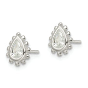 Sterling Silver Polished & Beaded Edge Pear CZ Post Earrings