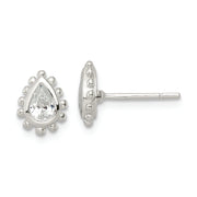 Sterling Silver Polished & Beaded Edge Pear CZ Post Earrings