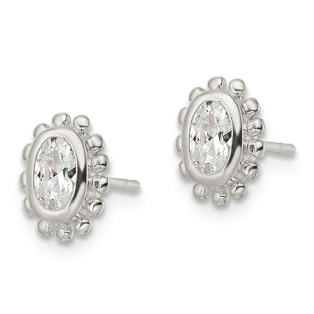 Sterling Silver Polished & Beaded Edge Oval CZ Post Earrings