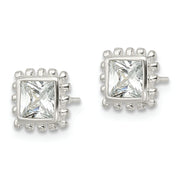 Sterling Silver Polished & Beaded Edge Square CZ Post Earrings