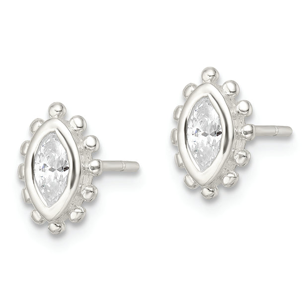 Sterling Silver Polished & Beaded Edge Marquise CZ Post Earrings