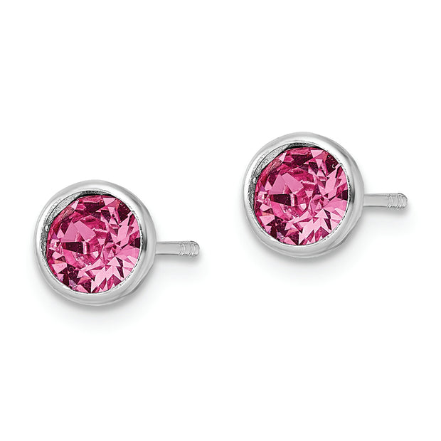 Sterling Silver Rhod-plated Polished 5mm Pink Crystal Bezel Stud Earrings