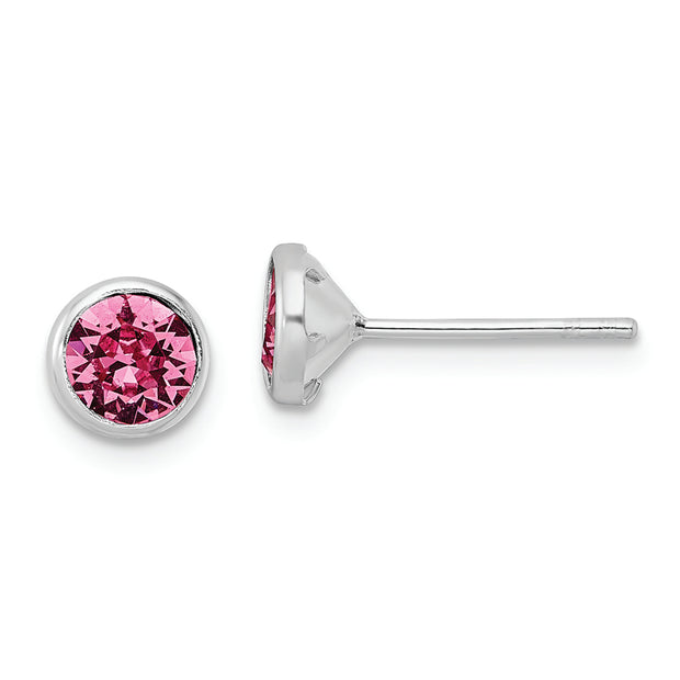 Sterling Silver Rhod-plated Polished 5mm Pink Crystal Bezel Stud Earrings