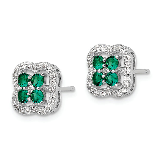Sterling Silver Rhod-plated Polished Green & White CZ Clover Post Earrings