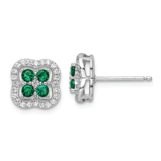 Sterling Silver Rhod-plated Polished Green & White CZ Clover Post Earrings