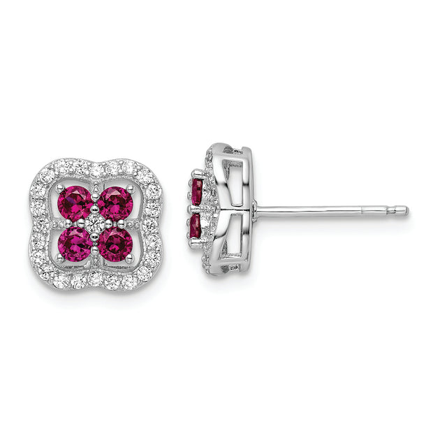 Sterling Silver Rhodium-plated Created Ruby and CZ Clover Post Earrings