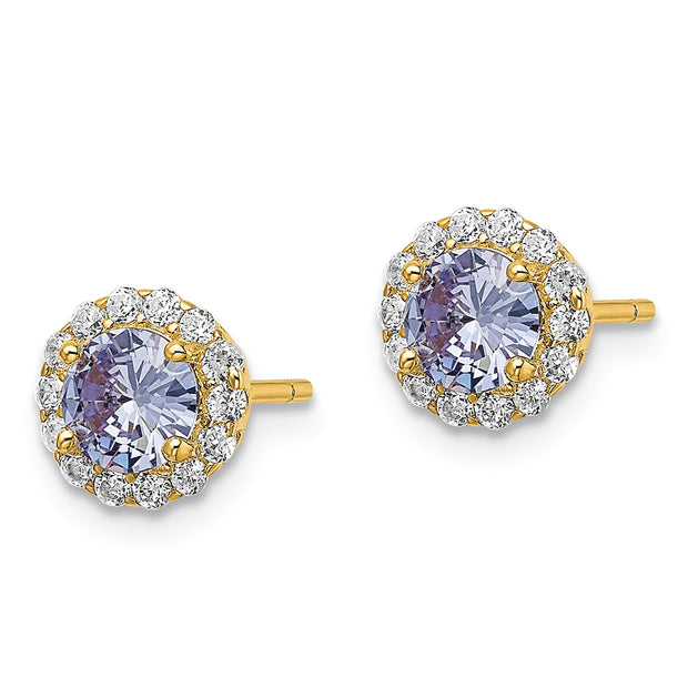Sterling Silver Gold-tone Polished Purple & White CZ Halo Post Earrings