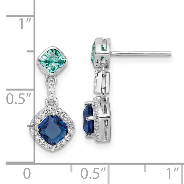 Sterling Silver Rhod-plated Polished CZ & Blue Glass Post Dangle Earrings