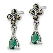 Sterling Silver Antiqued Marcasite & Cr. Green Quartz Post Dangle Earrings